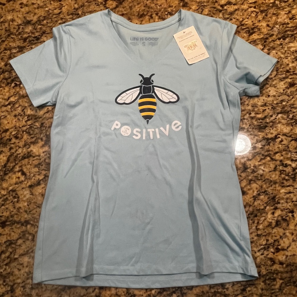 New Life is Good Womens Bee Positive Crusher Tee V-Neck Blue T-Shirt Small